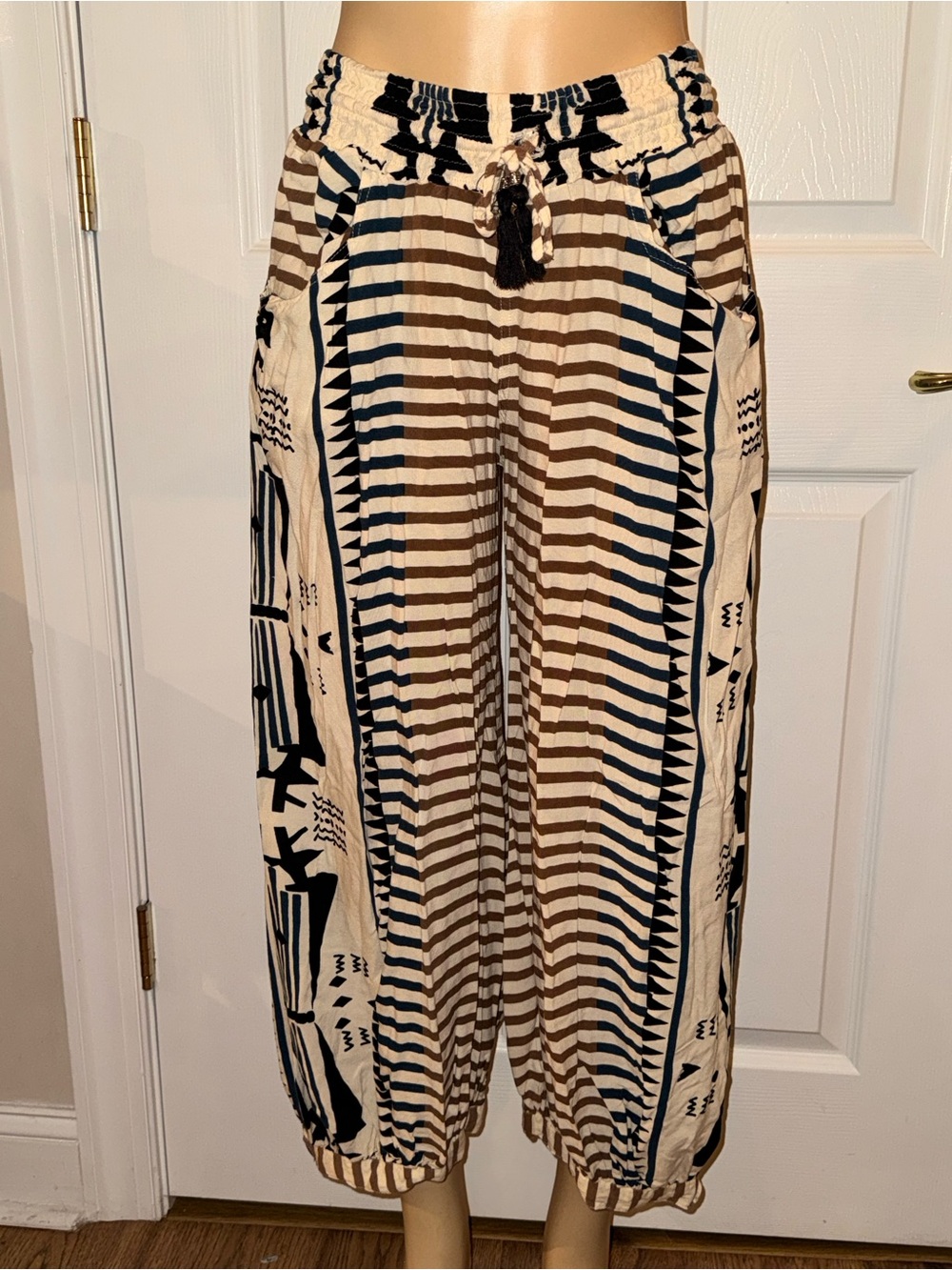 Relaxed Striped & Tribal PrintThai Pants - Brown/Black